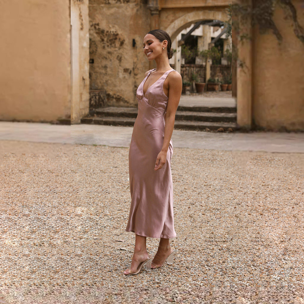 Vestido midi con escote en V y tirantes divididos