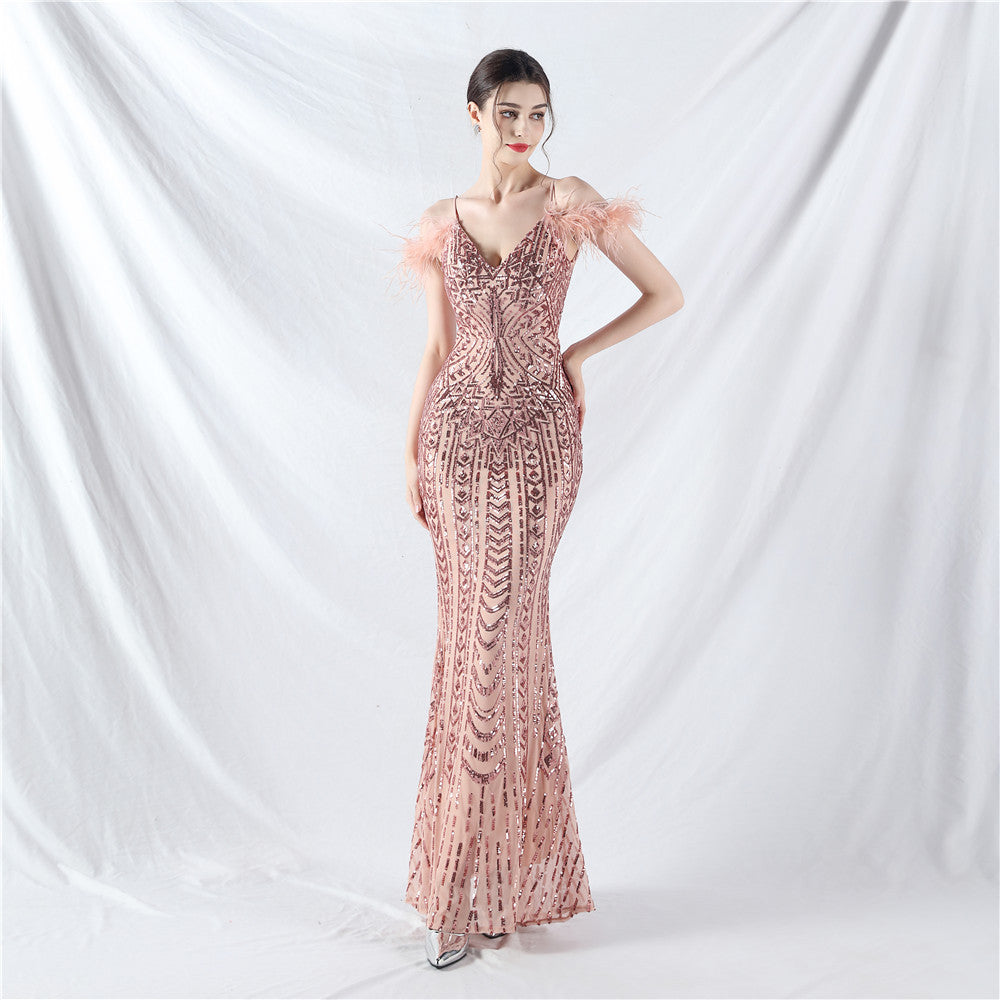 Posicionamiento Floral Lentejuela Artesanía Orden Cabello de Avestruz Vestido de Noche de Alta Gama