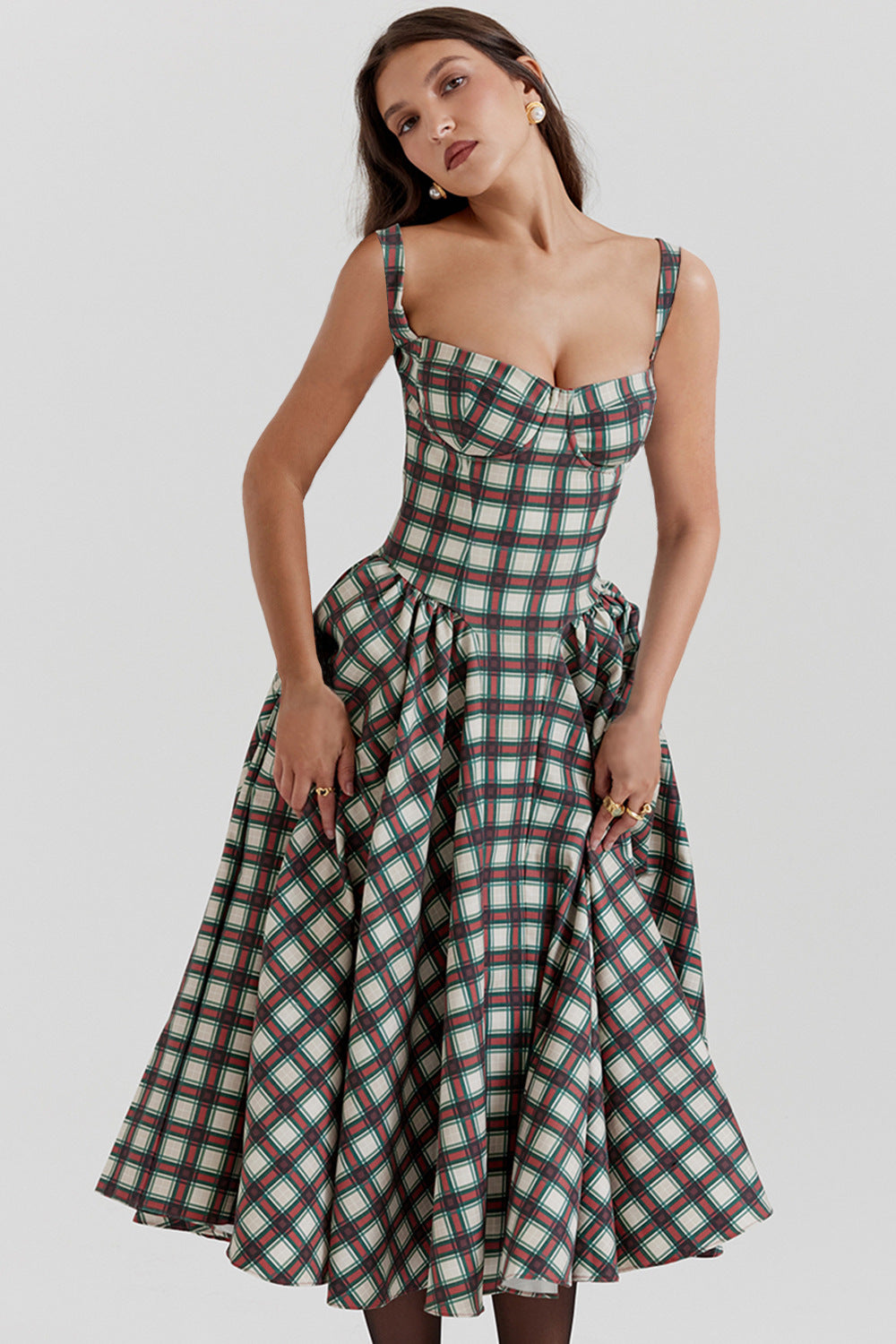 Vestido estilo europeo con cuello en U y cuadros, cintura estrecha, estilo retro, con vuelo grande