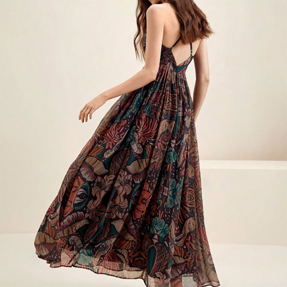 French Elegant Vacation Dress Printed V neck Seaside Strap Dress