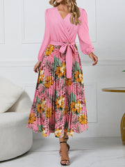 Slim V Neck Printed Dress Long Sleeve Pleated Dress