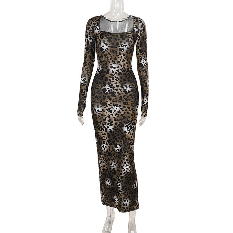 Leopard Print Basic Square Collar Long Sleeve SocialiteElegant Sheath Dress