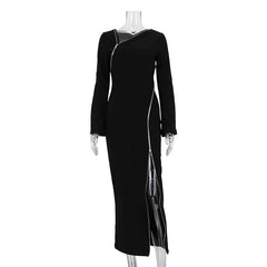 Early Shoulder Design Zipper Slit Black Hip Bag Dress