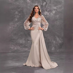 Cocktail Party Evening Dress Sequined Satin V neck Long Sleeve Elegant Evening Gown