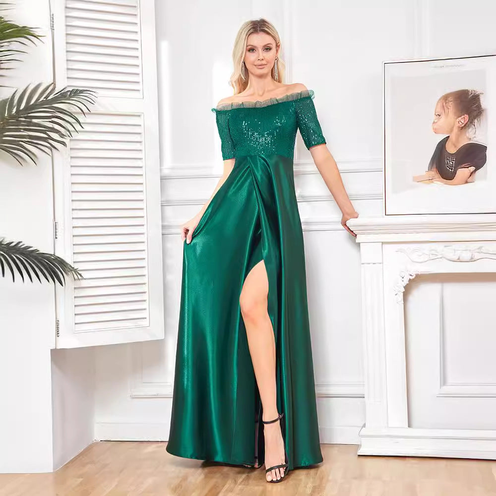 Vestido de cóctel de noche con cola de pez, hombros descubiertos, lentejuelas y manga corta, vestido de fiesta de satén