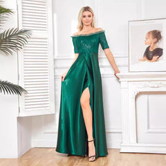 Vestido de cóctel de noche con cola de pez, hombros descubiertos, lentejuelas y manga corta, vestido de fiesta de satén