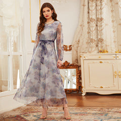 Print round Neck Lace Long Sweet Dress