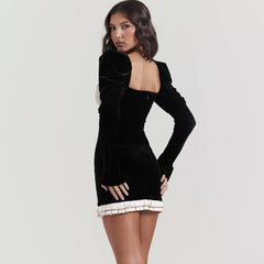 Dress Long Sleeve Square Neck Pleuche Dress Short Dress  Slim Fit Backless Hip Dress