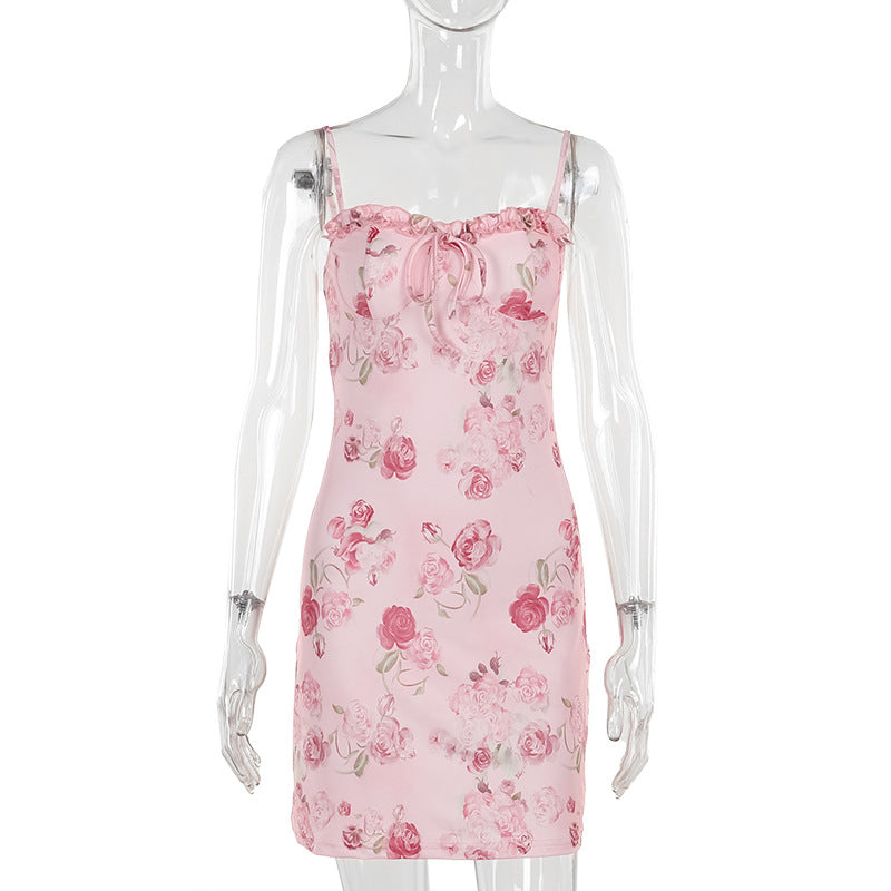 Rose Print Suspenders Casual Dress