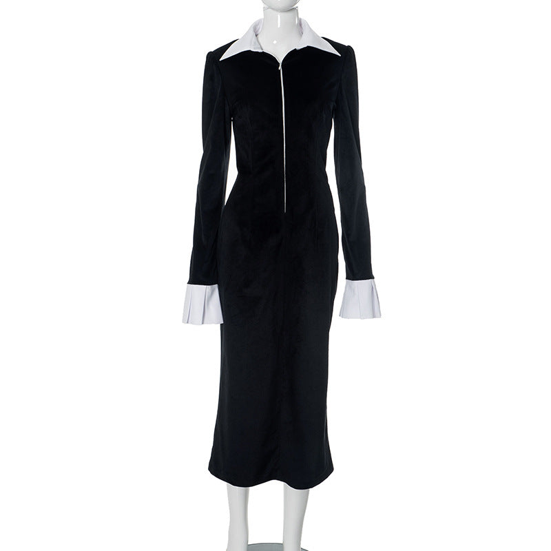 Office Collared Horn Long Sleeve Black White Contrast Color Length Dress
