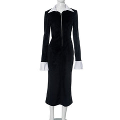 Office Collared Horn Long Sleeve Black White Contrast Color Length Dress