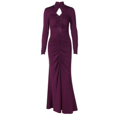 High Collar Hollow Out Cutout Slim Pleated Solid Color Long Sleeve