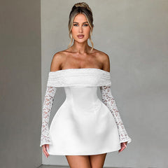 Vestido de corte A con manga larga y costuras de encaje y cuello alto