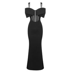 Vestido largo semitransparente con lazo y tiras de diamantes de imitación negros, vestido ajustado para mujer