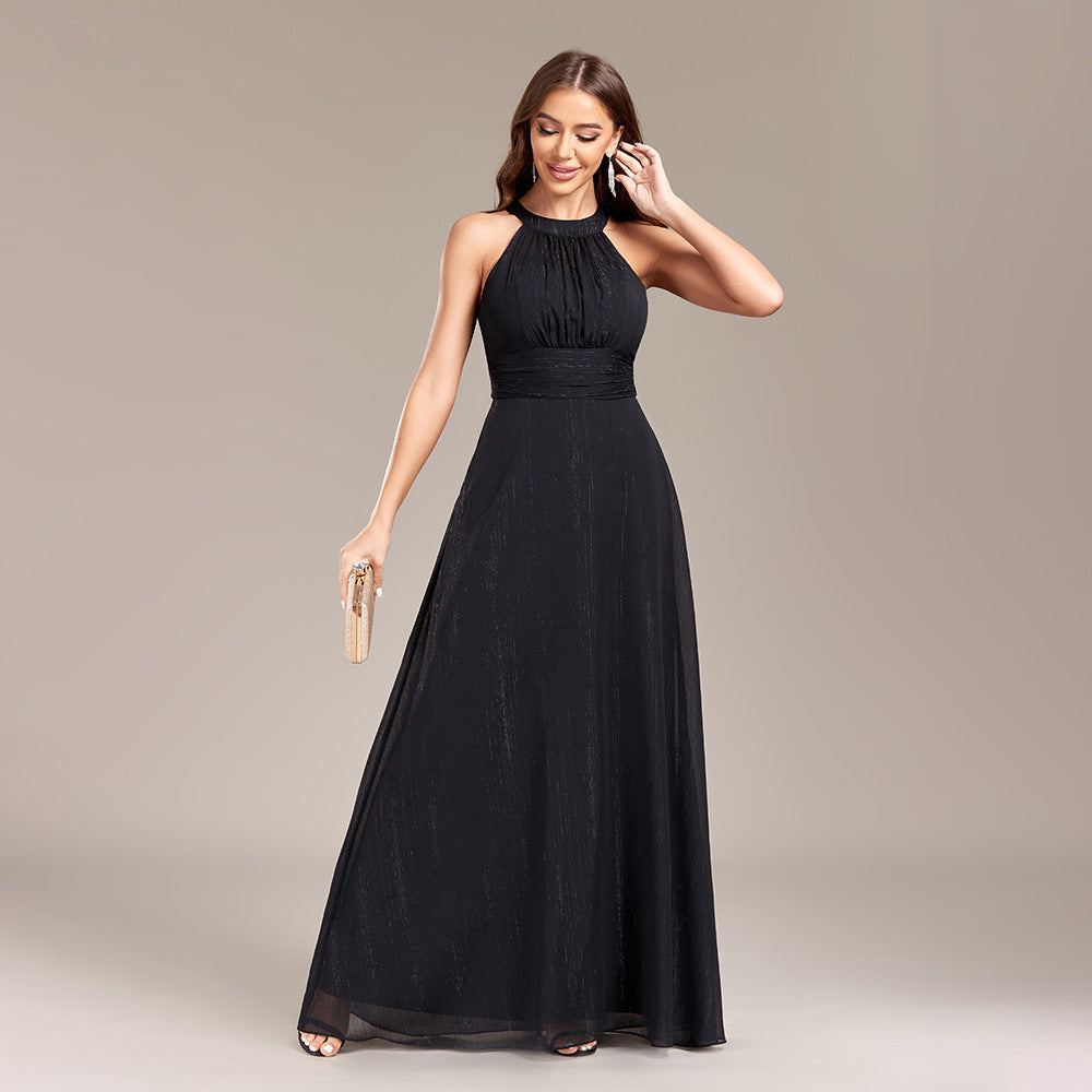 Halter Backless Pleated Waist Party Back Zipper Black a Large Swing Fully Lined Evening Dress