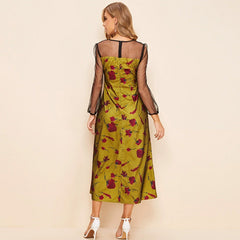 Vestido elegante de cuello redondo, manga larga, cintura elástica y patchwork