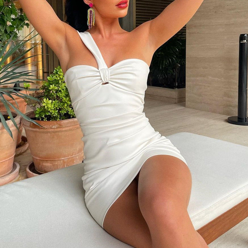 Oblique Shoulder Tube Top Cinched Waist Hip Bag Dress
