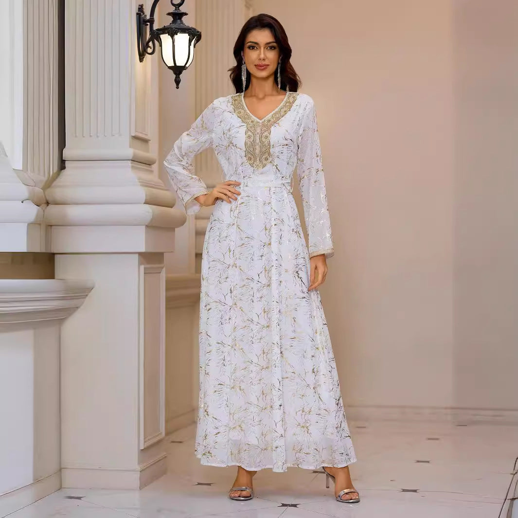 Gold Pattern Printed Maxi Dress Patchwork Knitted Belt Long Sleeve Dress