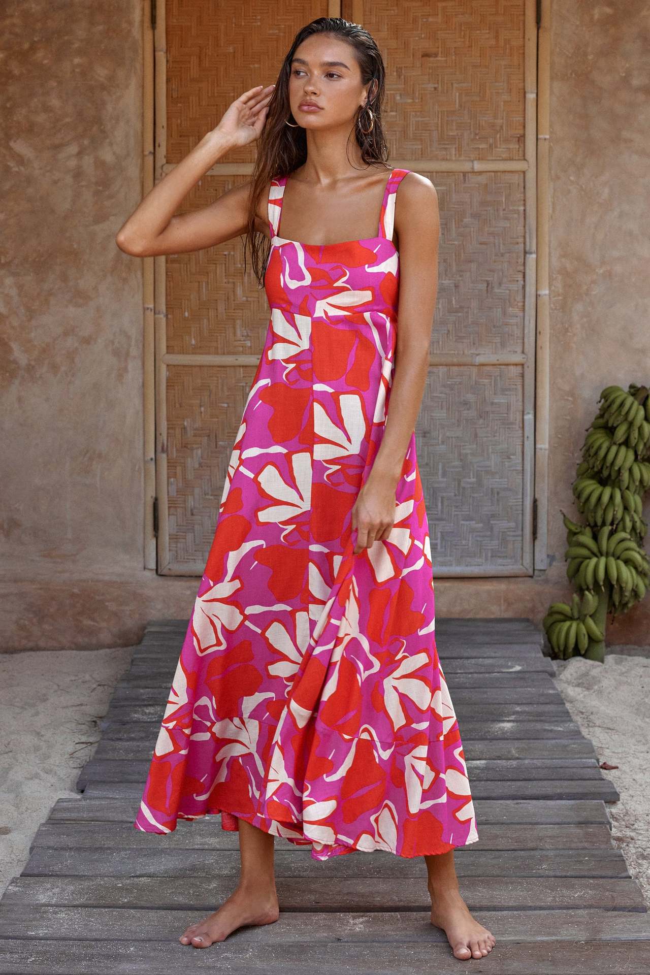 Printed Suspender Waist Slimming Maxi Dress Backless Slimming Dress