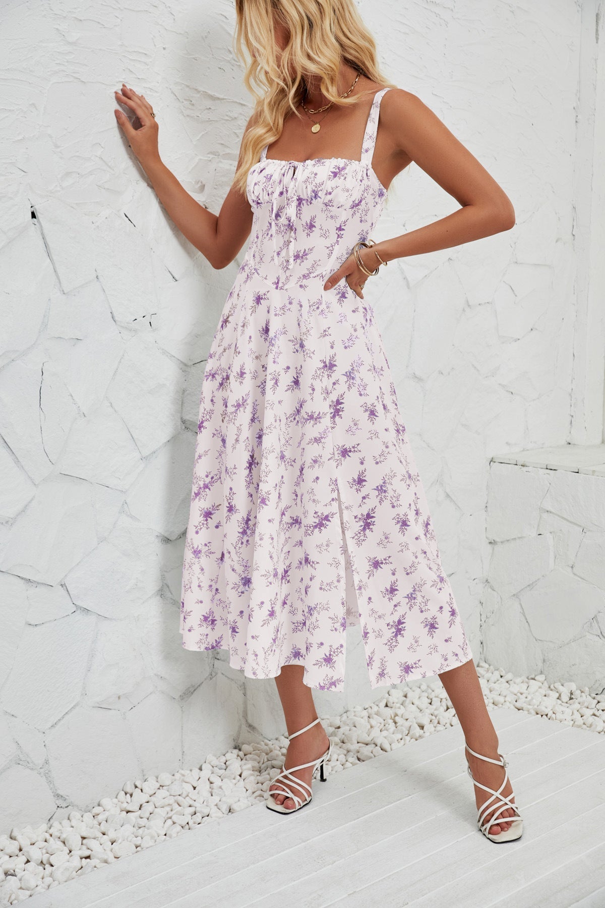 Vestido largo elegante estilo pastoral con tirantes florales