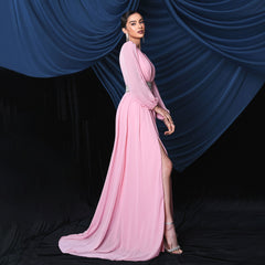 Vestido de cóctel de noche elegante con escote en V y manga larga con abertura larga para dama de honor, vestido de vuelo grande