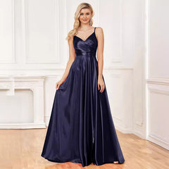 Vestido de seda con tirantes, sin espalda, azul, para dama de honor, de noche