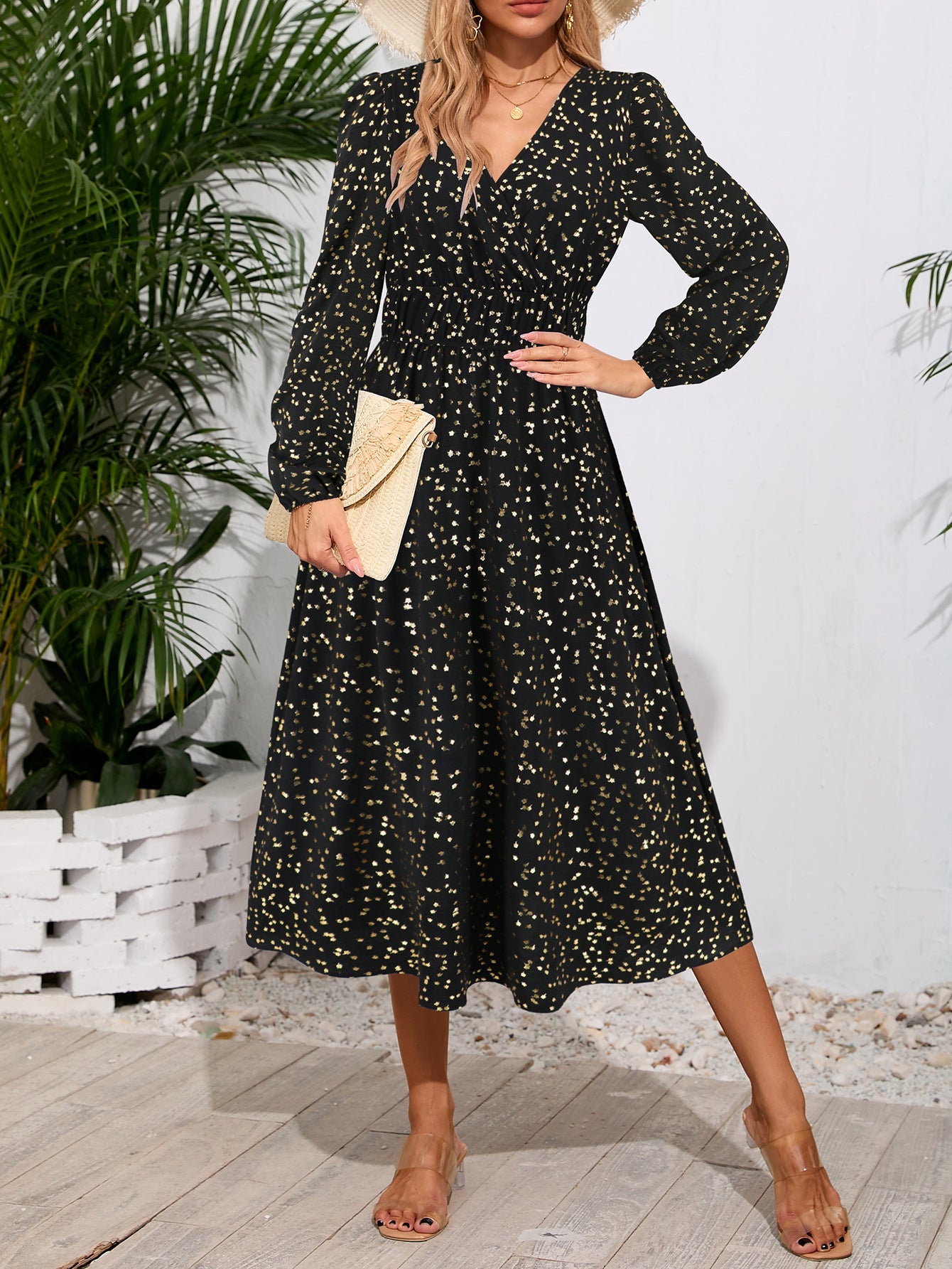 V neck Cocktail Dress Mid Length  Slim Waist Shiny Dress