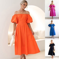 Vestido informal de cintura alta con mangas abullonadas y cuello desbocado en color sólido