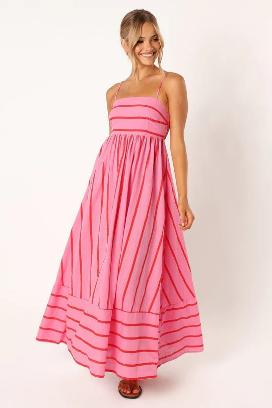 Striped Sleeveless Strap Backless Large Swing Casual Dress