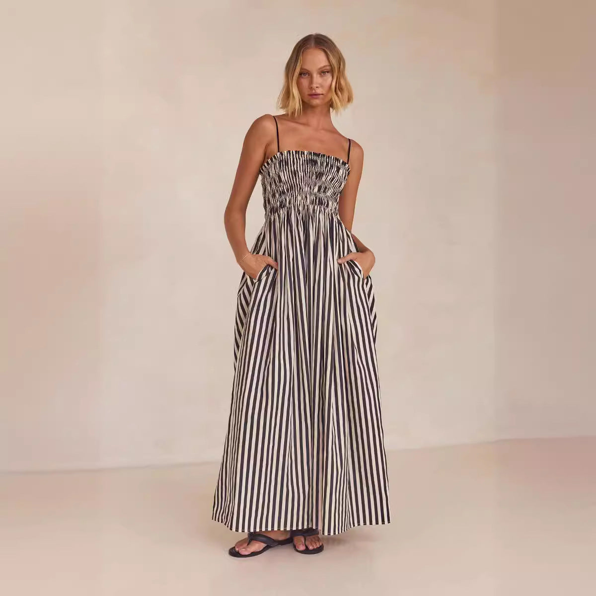 Striped Printed Rubber BLarge Swing Pocket Sling Dress