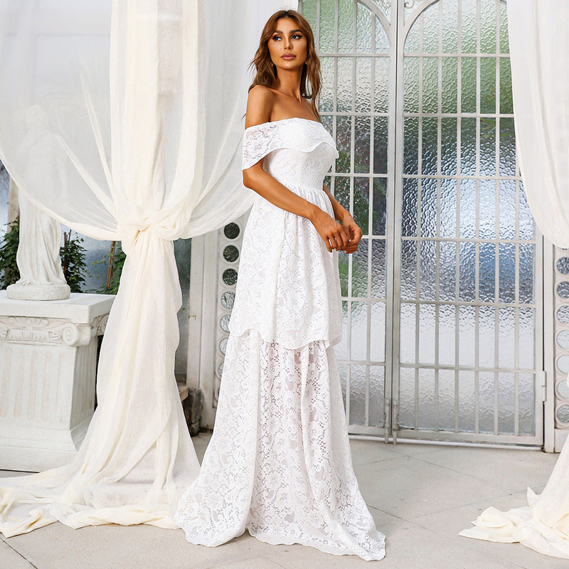 Cocktail Toast Dress Lace Stitching White off Shoulder Chinese Wedding Dress Bridesmaid Dress Evening