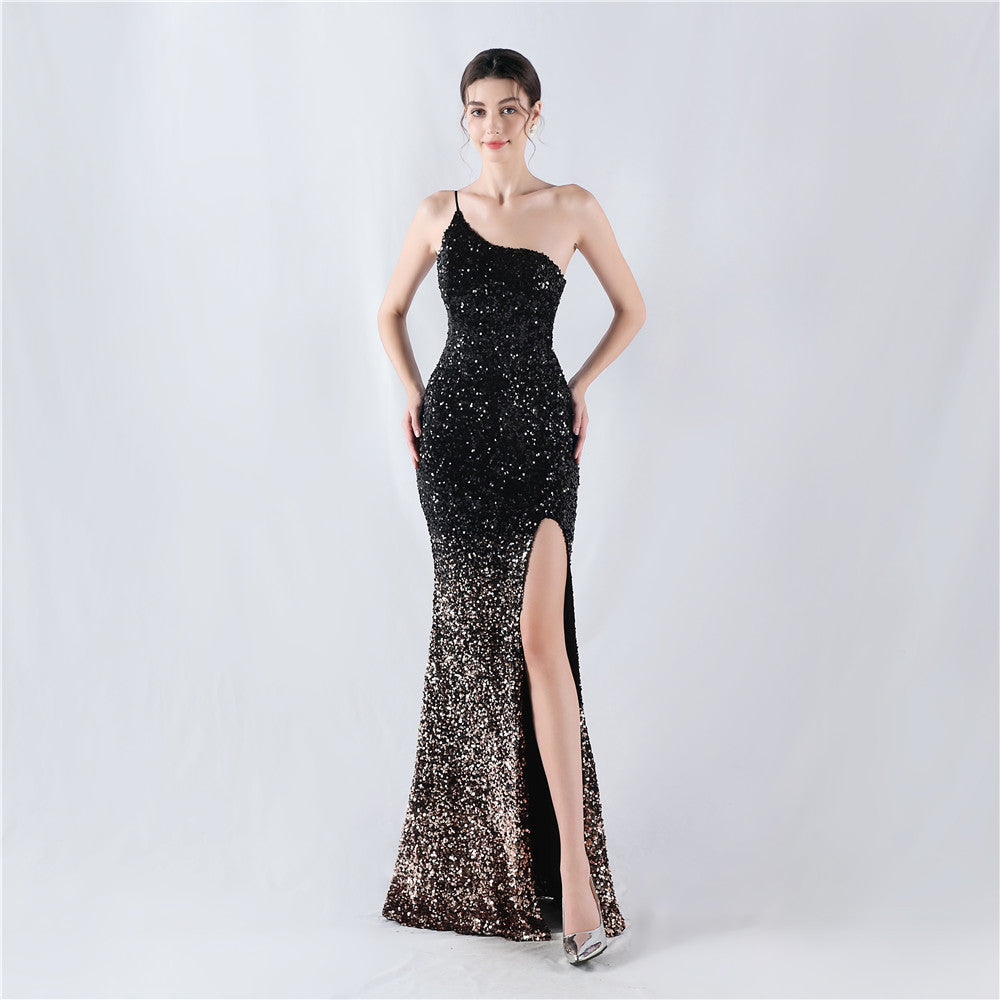Dress Velvet Bottom Gradient Sequin High Fork Oblique Shoulder Evening Dress