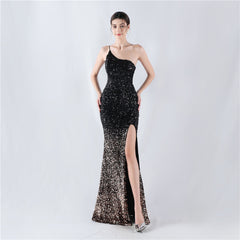 Dress Velvet Bottom Gradient Sequin High Fork Oblique Shoulder Evening Dress