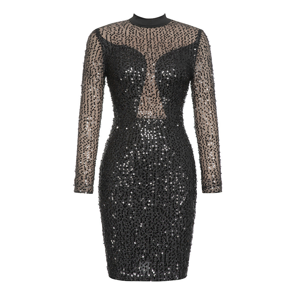 Simple Round Neck Sequ Stitching Mesh Long Sleeve Dress