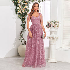 Vestido de noche para fiesta con escote en V atado, espalda en U, cremallera y dobladillo en A grande, forro completo