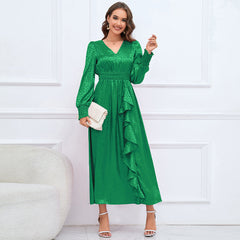 V Neck Long Sleeve Leopard Print Dress Popular