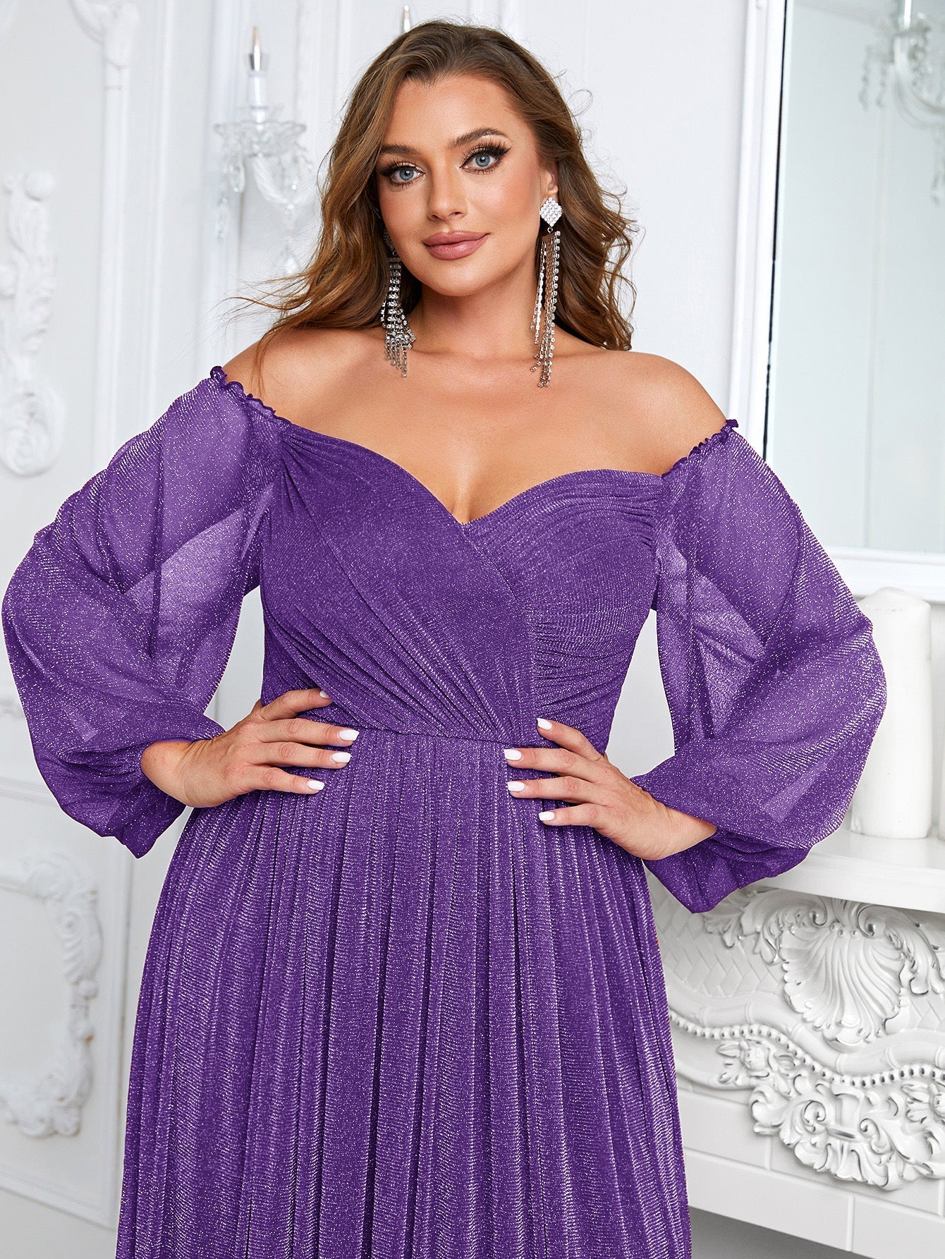 plus Size off Shoulder Long Sleeve Dress Solid Color Simple Dress Cocktail Evening Gown for