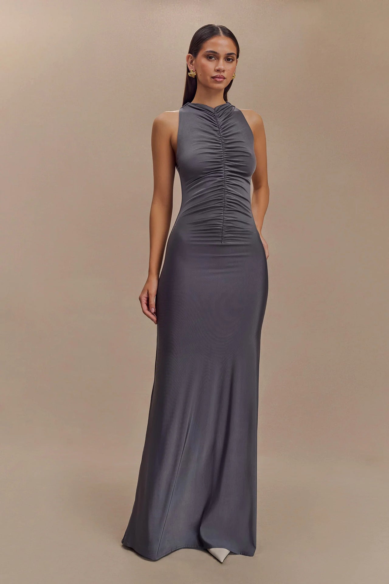 Sleeveless Pleated Solid Color Maxi Dress