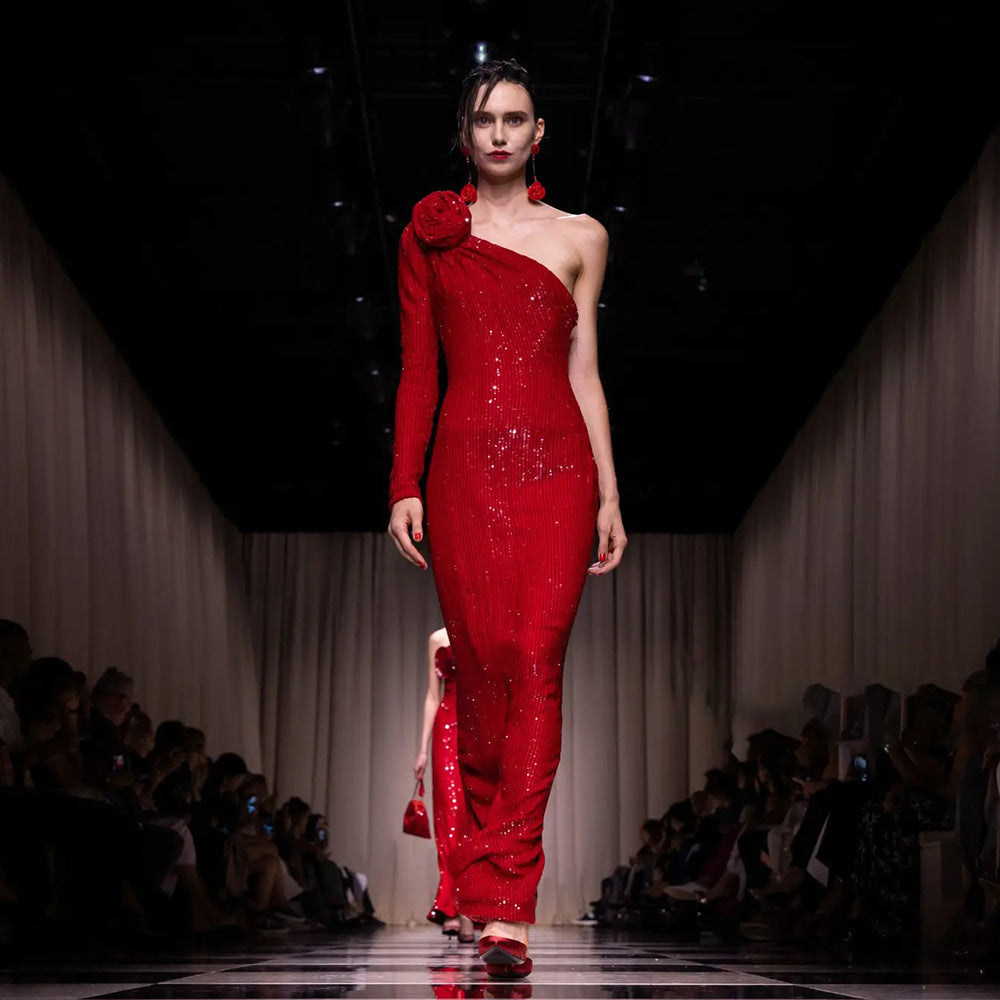 Vestido formal rojo navideño tridimensional con un solo hombro floral y lentejuelas, vestido elástico de invierno