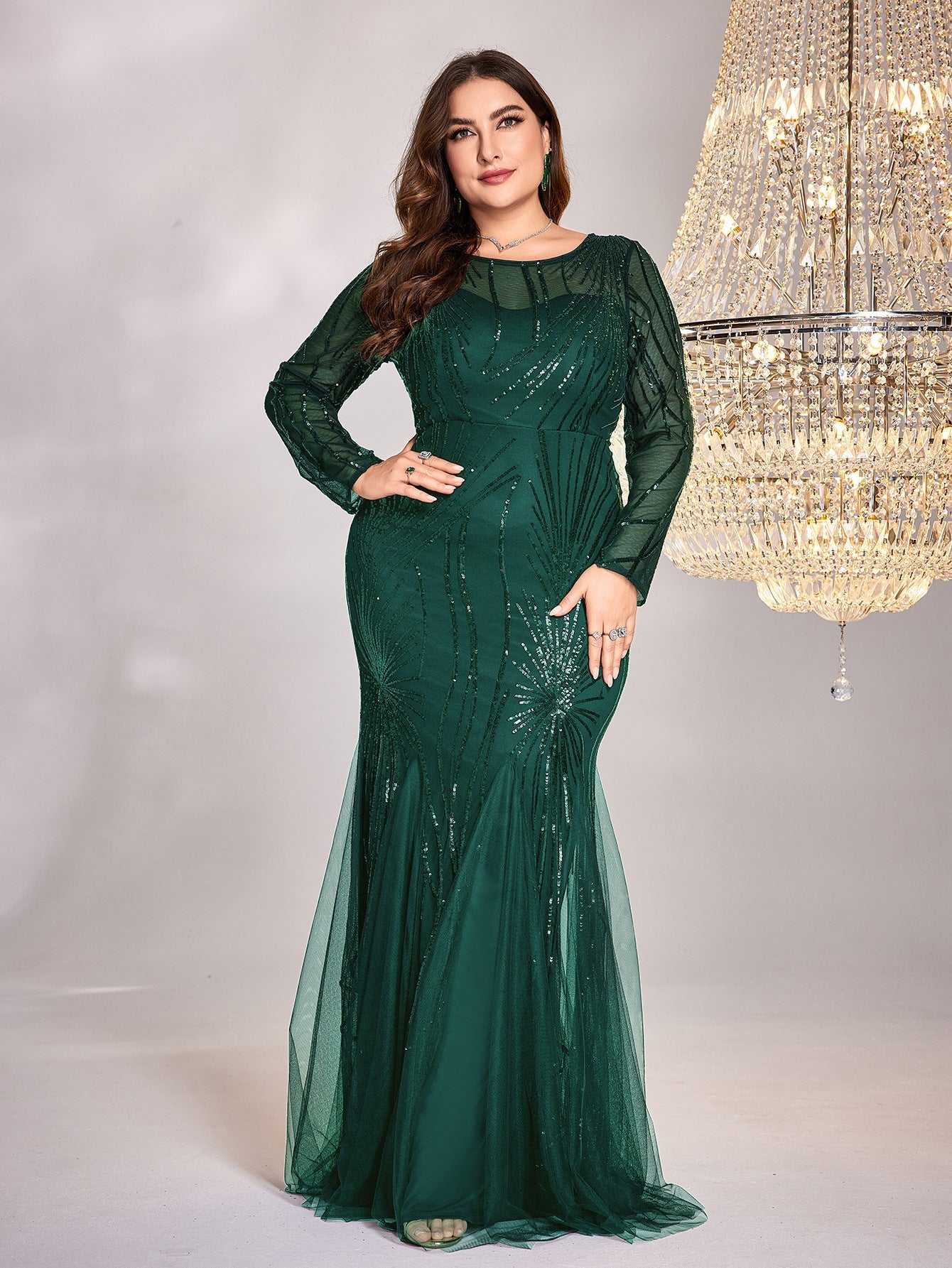 Vestido de talla grande, manga larga, cuello redondo, corte entallado, falda de cola de pez, vestido de dama de honor para cóctel de noche para brindar elegante
