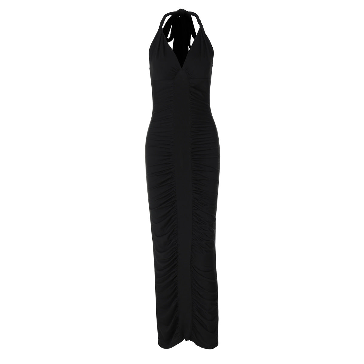 V neck Backless Lace up Slim Fit Pleated Dress