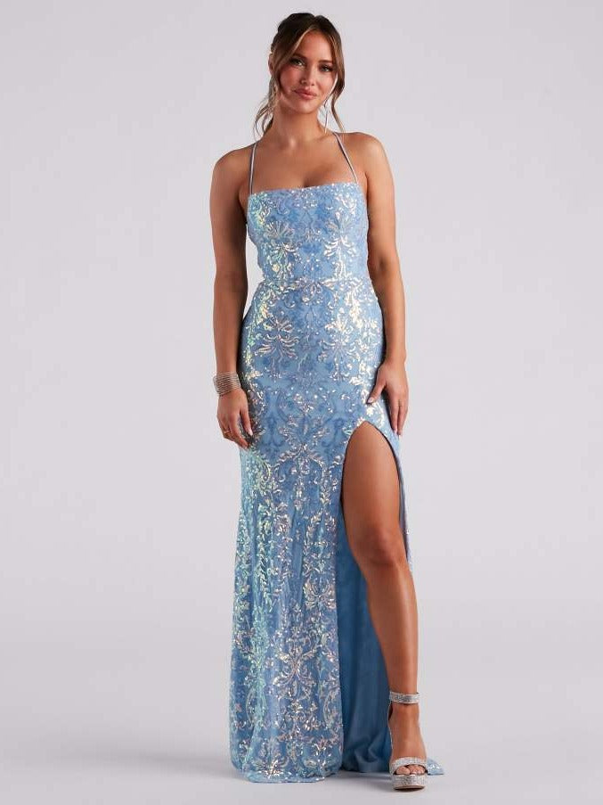 off Neck Sequined Floor Evening Dress Elegant Slit Cocktail Dress (3 Colors)