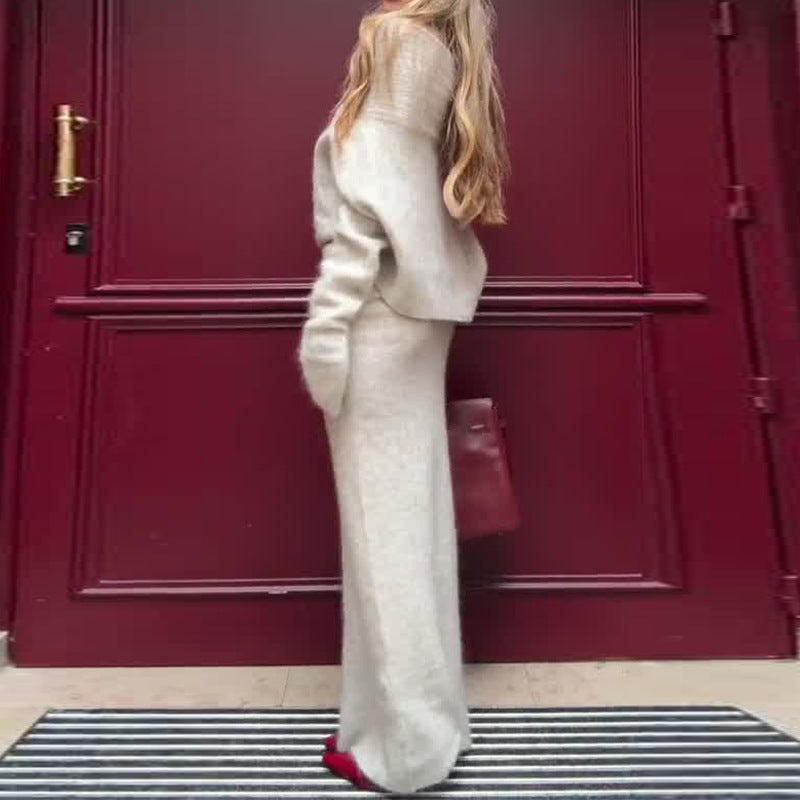 Knitted One-Shoulder Long Sleeves Sweater Skirt Suit