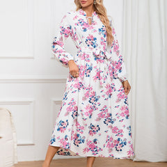 Slim Fit Elegant Lantern Sleeve StUp Collar Lace Floral Midi Dress