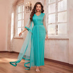 V neck Long Sleeved Dress Rhinestone Mesh Stitching Cocktail Evening Dress