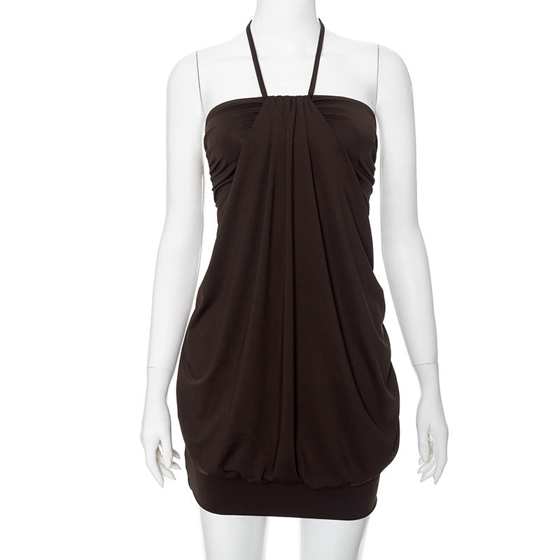 Vestido de talle alto con top de tubo y cuello halter de color liso