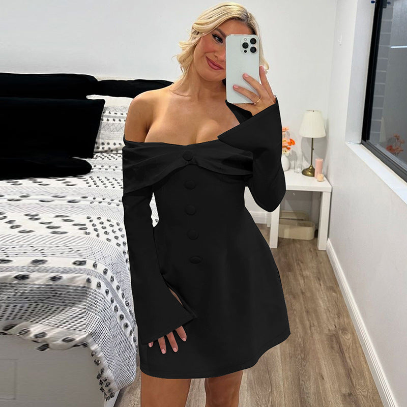 off Neck off the Shoulder Flared Sleeves Waist Slimming Short Dress