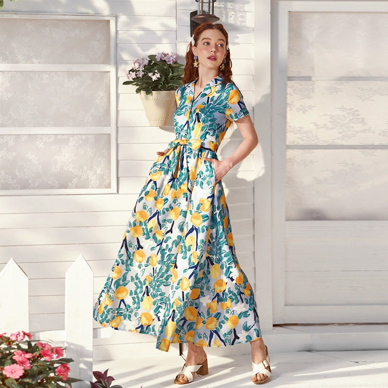 Vestido largo dulce con cinturón, manga corta y cuello en V estampado