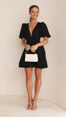Sweet Deep V Plunge Waist Slimming Pleated Puff Sleeve Dress