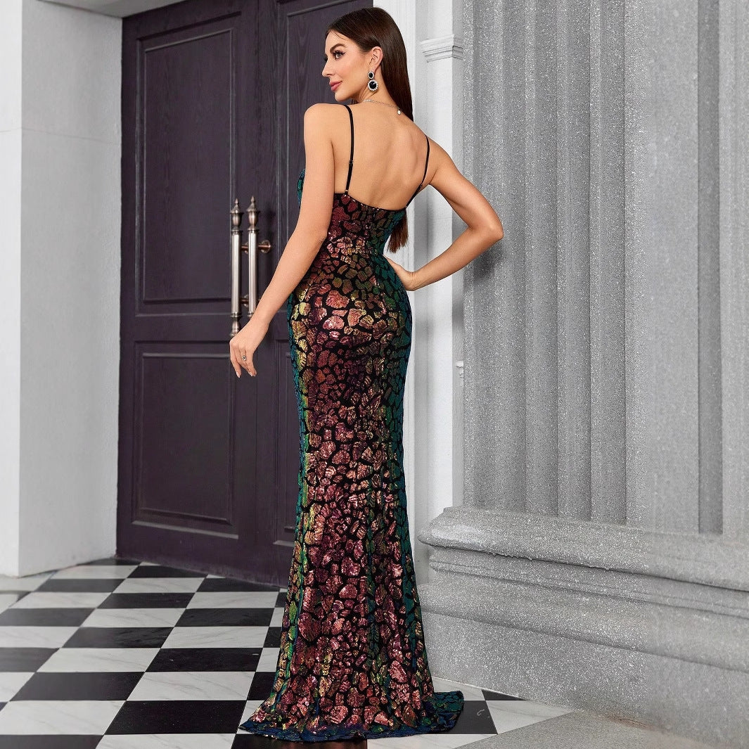 Vestido de noche con escote en V y tirantes, vestido elegante de cola de pez para fiesta anual, anfitrión de fiesta formal